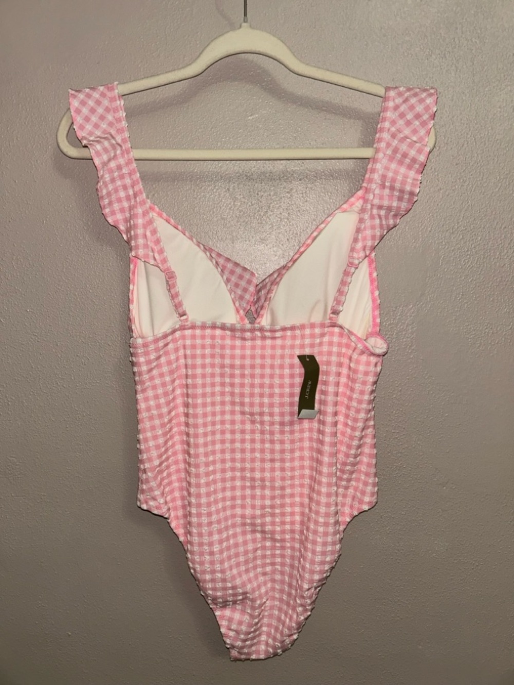J. Crew seersucker ruffle Pink Gingham One-Piece Swimsuit with Ruffle Straps - Picture 3 of 4